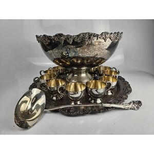 Vtg Towle Silver Plated Grape Vine Punch Bowl With 12 Cups, Ladel & Platter Wow!